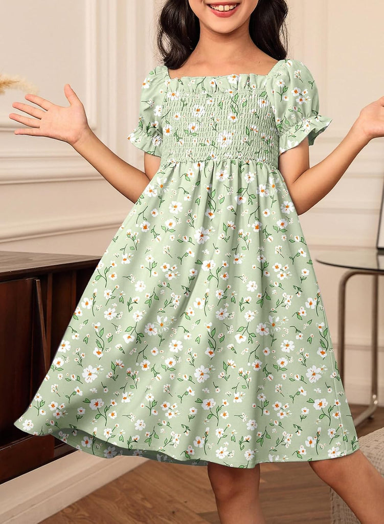Girls Summer Dresses Floral Boho Short Sleeve Dress