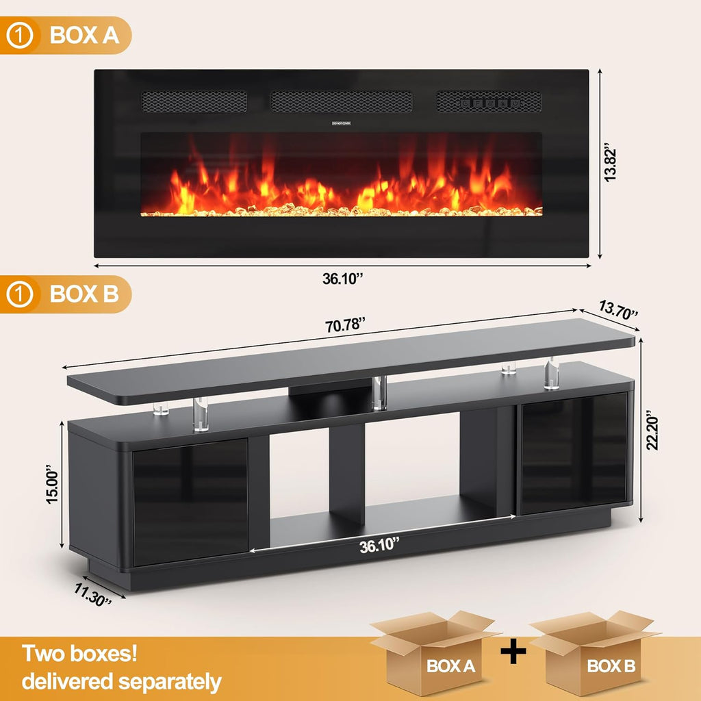 70" Fireplace TV Stand with Double LED Lights for TVs UP to 80", Electric Fireplace Entertainment Center with Storage