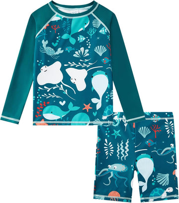 Boys Rash Guard Set UPF 50+ Long Sleeve Swimsuits