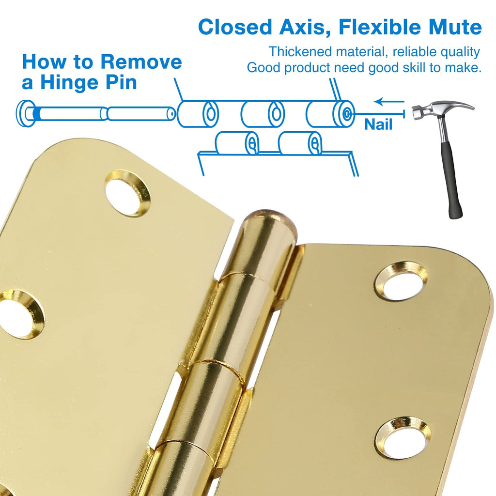 Rounded Door Hinges 3.5" X 3 1/2 Inch Polished Brass 5/8" 30 Pack