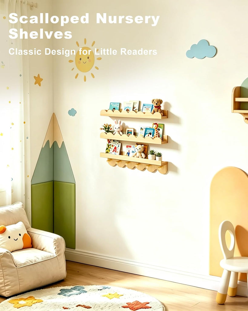 Nursery Shelves for Wall with Hooks-Scalloped Wall Book Shelves Kids Set of 3, Nursery Furniture Must Have, 16 Inch