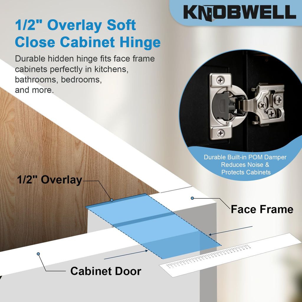 1/2" Overlay Soft Close Hinges, Face Frame Cabinet Hinges, 5 Pairs