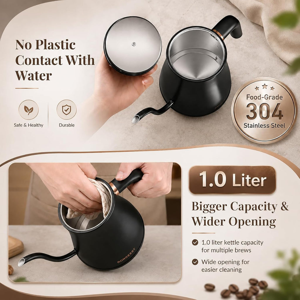 1L Electric Gooseneck Water Kettle with 6 Temperature Control Presets | Stainless Steel Inner & Lid, 2H