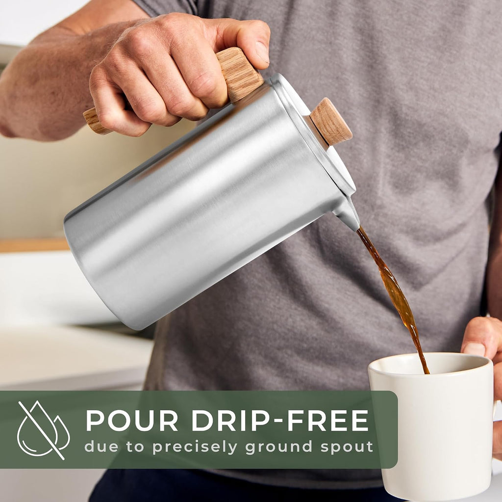 French Press (34 oz) - Non-Toxic Stainless Steel Double Wall French Press Coffee Maker - Plastic Free Coffee Press