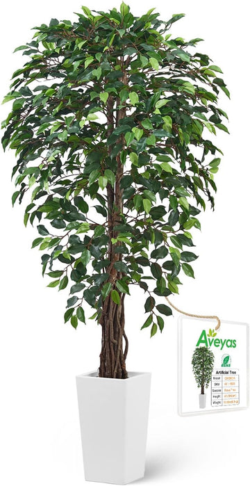 6ft Artificial Ficus Tree Decor with White Pot, 6 Feet Faux Plant Fake Silk Trees Outdoor House Living Room Office