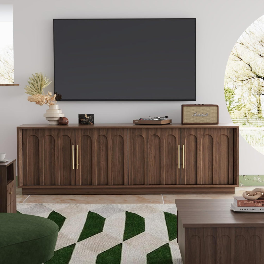 TV Stand for 75 Inch TV, Mid Century Modern TV Stand with Arched Design, Wood Grain Finish, Media Console with