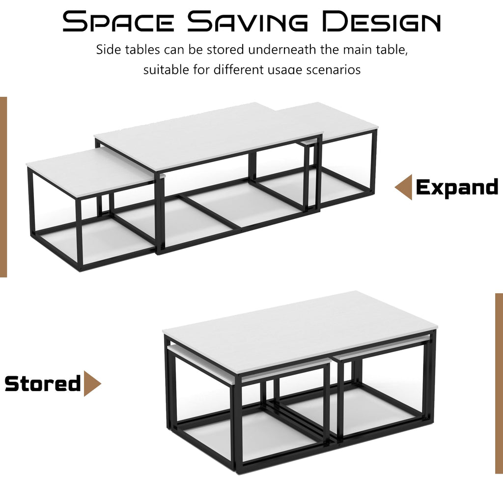 Nesting Coffee Tables, 3 Piece Living Room Coffee, Industrial Rectangular Coffee Set, End Side Tables Bedroom(White)