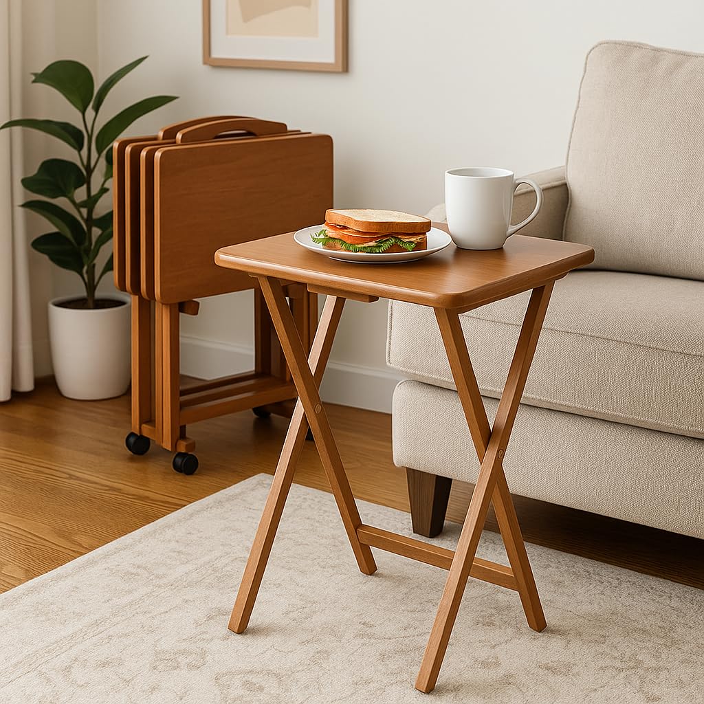5-Piece Wood Folding Snack Table Set with Rolling Storage Stand and Removable Serving Tray - Fully Assembled (Teak)