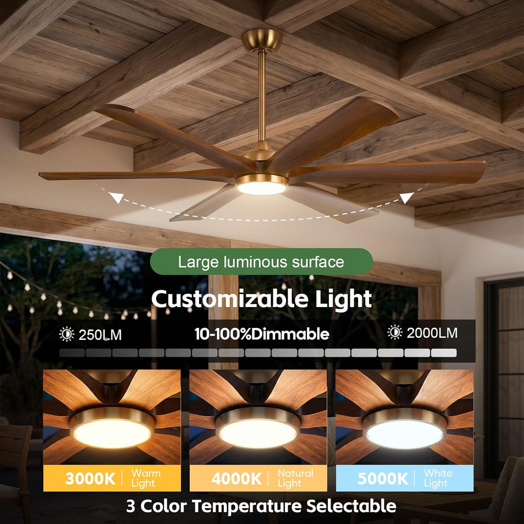 72" Gold Ceiling Fan with Light, 6 Solid Walnut Wood Blades, Remote