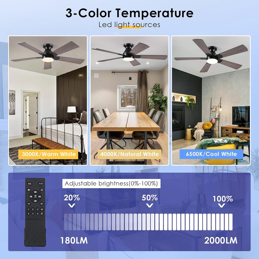 Flush Mount Ceiling Fan with Lights - 52” Indoor/Outdoor Ceiling Fan Light with Remote/APP, Low Profile Modern Fan Light with 6 Speeds, Dimming, for Living Room, Brown A101-B0F2F9BZ8W