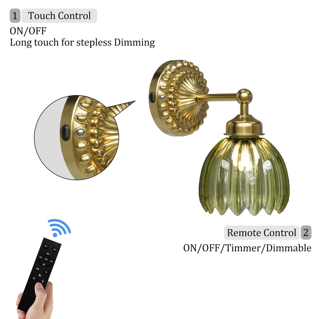 Battery Operated Wall Sconce, Vintage Wall Light, 2 Pack, Green Tulip Glass