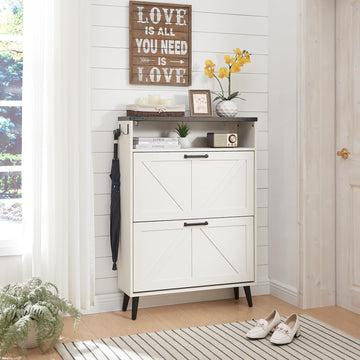 Shoe Storage Cabinet, Farmhouse Shoe Organizer with 2 Flip Drawers & Barn Door Design, Freestanding Hidden Slim Narrow
