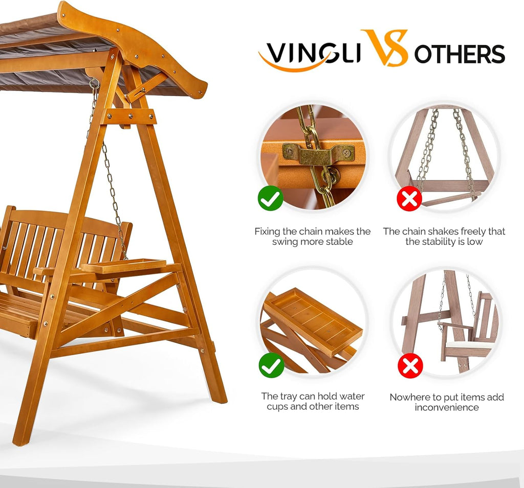 Porch Swing with Canopy and Stand, Waterproof Outdoor Swing, Brown | Waterproof Sunshade Canopy; Stable Swing Frame;