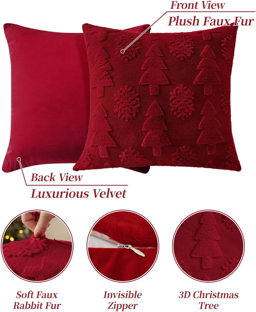 Christmas Pillow Covers 20x20 inch,Luxury Christmas Tree Faux Fur Throw Pillow Covers Red Cute Soft Plush - Set of 2