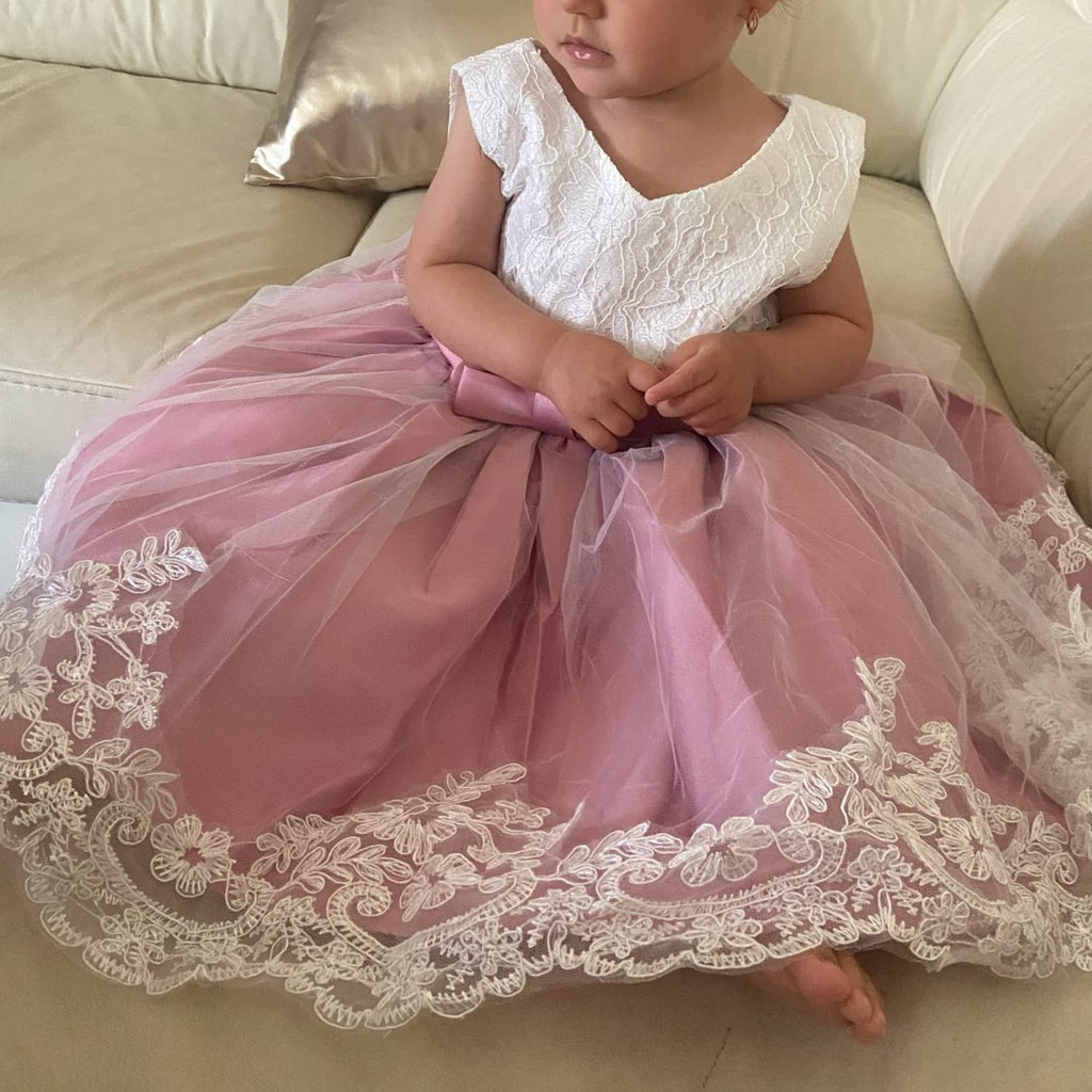 Baby Girls Lace Dress Bowknot Flower Dresses Wedding Pageant Baptism Christening Tutu Gown