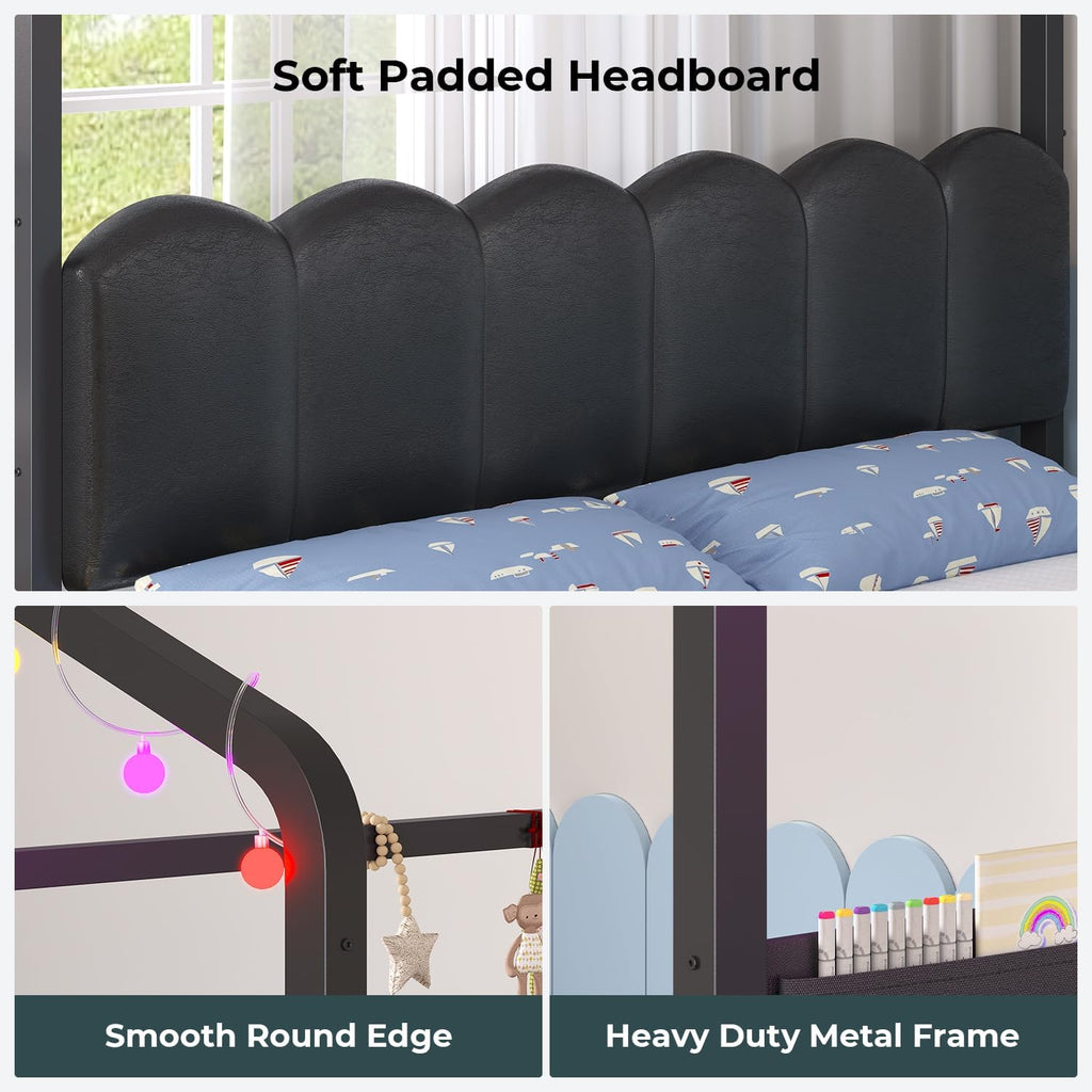Twin Kids Bed with Desk,Metal House Bed with Headboard,Black | Unique House Roof Frame ,Space-Saving All-In-One Kids