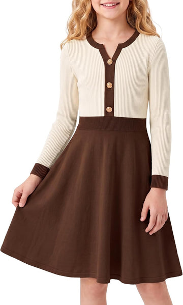 Girls Fall Sweater Dress V Neck Knit Button A Line Contrast School Casual Holiday Winter Long Sleeve Dresses