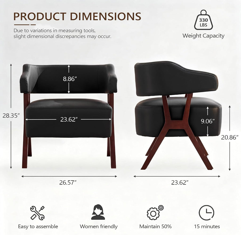 Barrel Accent Chairs, Leather Chair with Solid Wood Frame (2, Black) - Set of 2