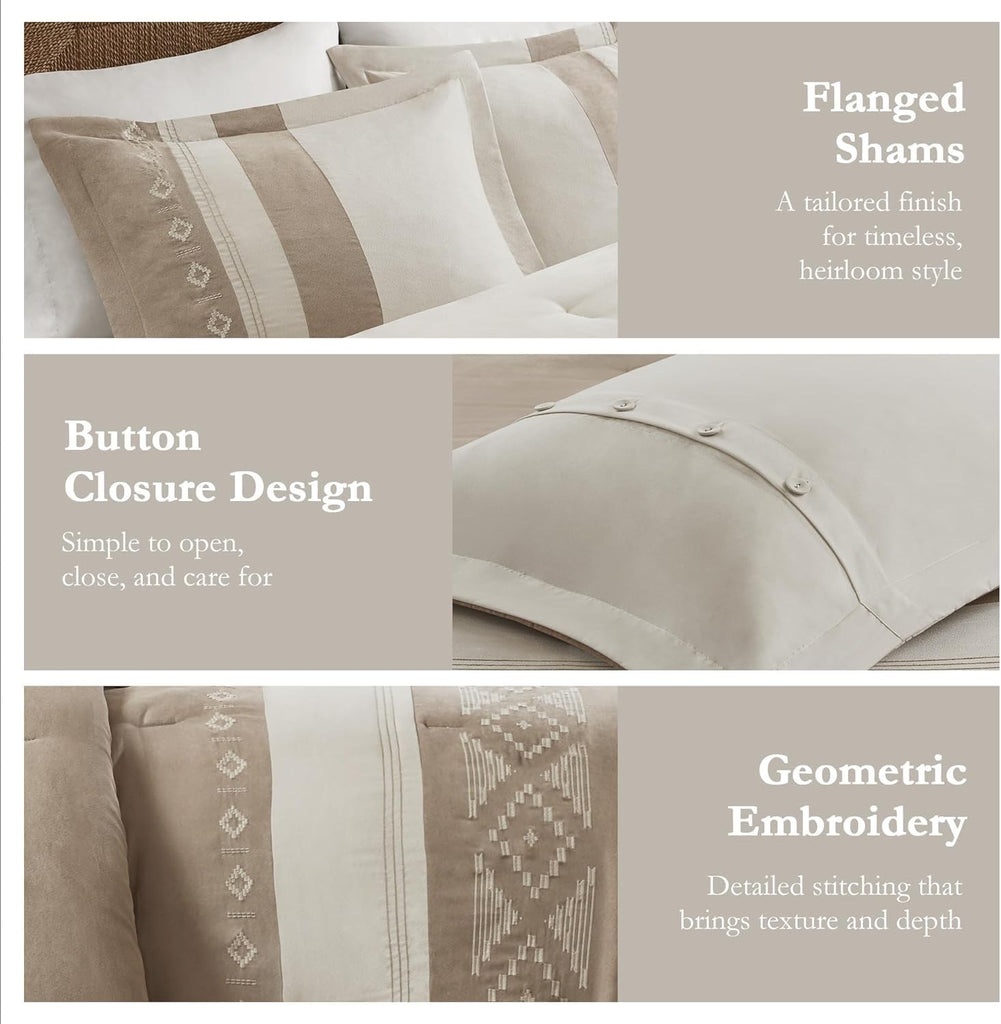 Queen Comforter Set - Sutherland 5-Piece Microsuede Embroidered Bedding Set with Decorative Pillows, Taupe