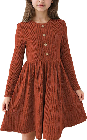 Girls Long Sleeve Rib Knit A-Line Dress Pockets