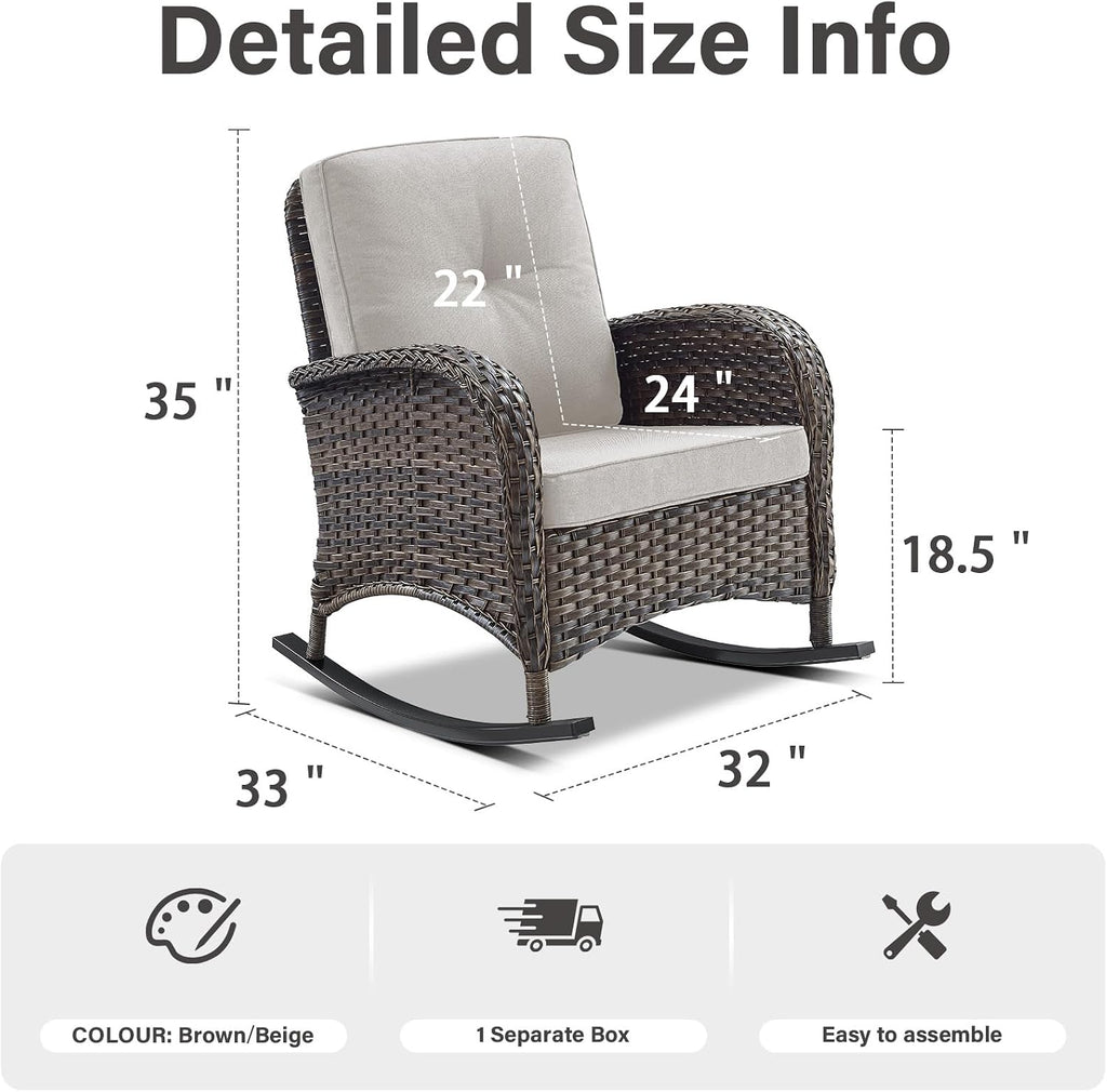 Patio Rocking Chair Wicker Chair, 1 Piece Outdoor Rocking Chair Seating with Cushions for Porch Deck Balcony