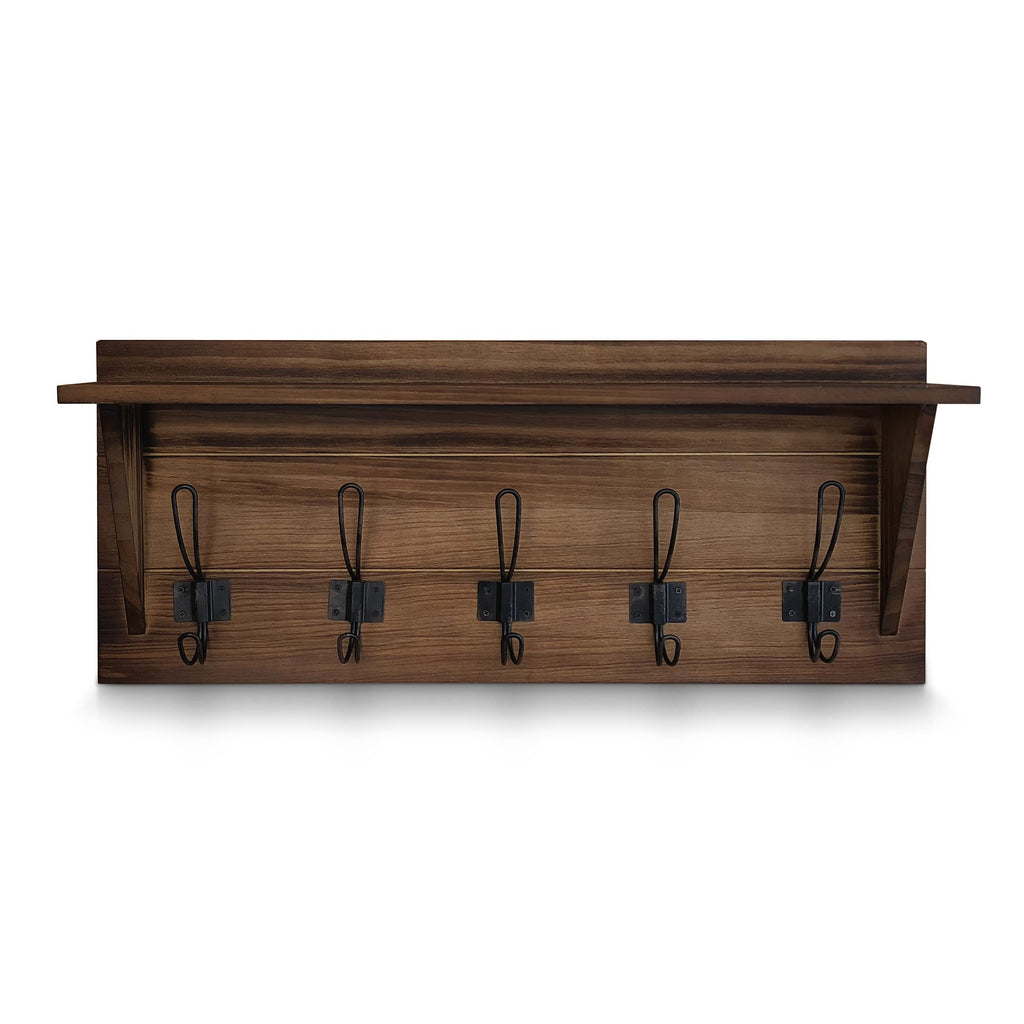 Brown Solid Wood Wall Mounted Coat Rack with Shelf, 5 Hooks, 24" Long - Kitchen, Mudroom, Entryway, Bathroom