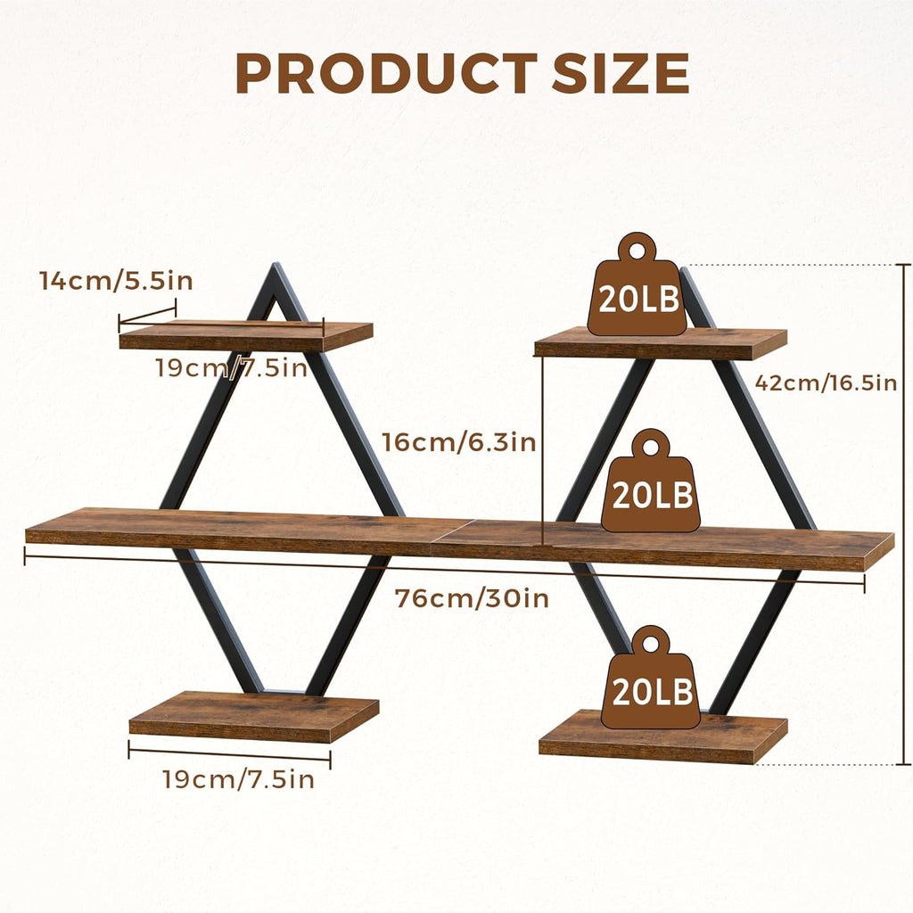 Floating Wall Shelves, Set of 2, Rustic Brown | 3-Tier Hanging, Wall Mounted, Sturdy & Durable
