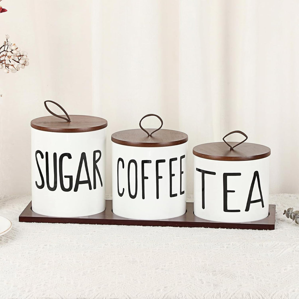 Ceramic Coffee Sugar Tea Canister Set with Lid and Tray - Set of 3
