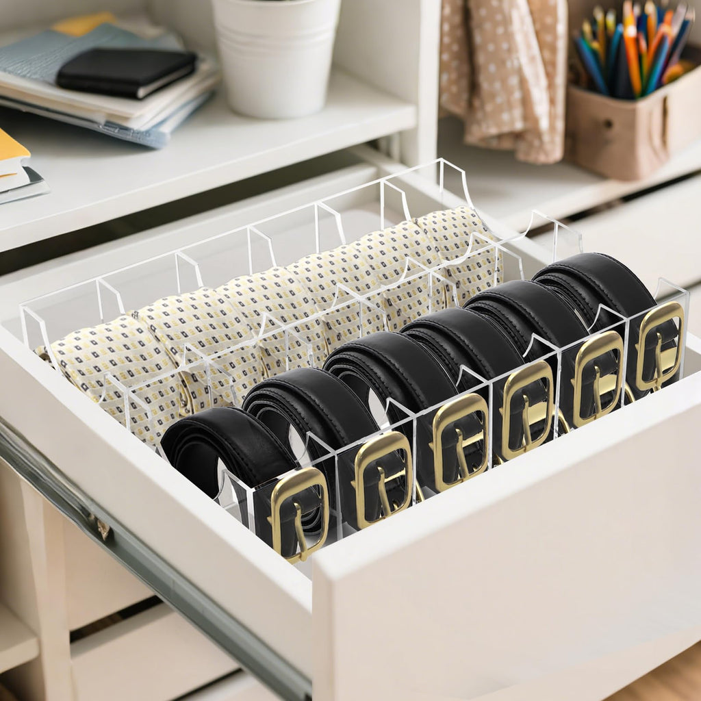 12 Compartments Belts Storage Box, Acrylic Belt Organizer, Belt Container Storage Holder Clear Belts Display Case for