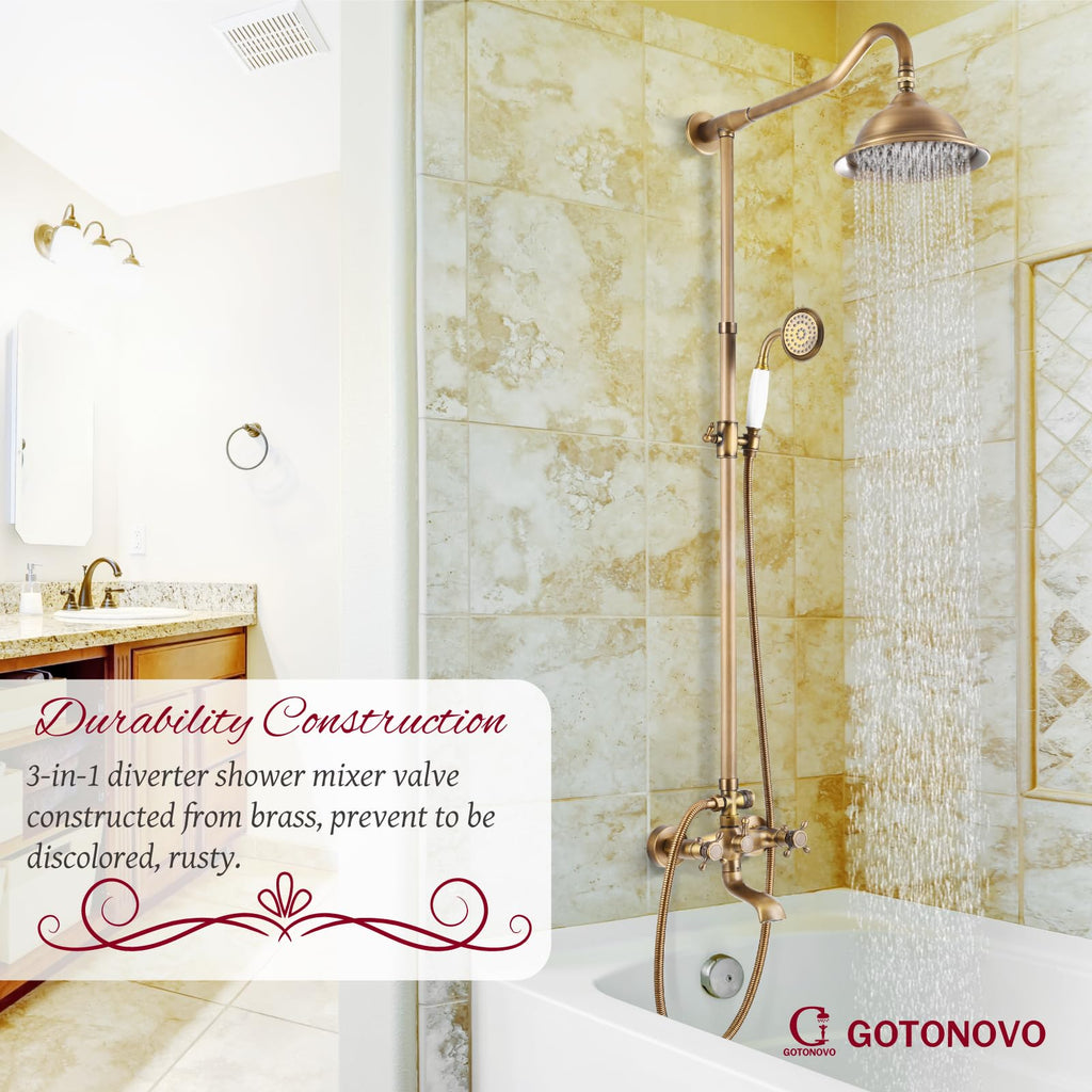 Exposed Shower System Kit with Tub Spout Vintage,Antique Brass