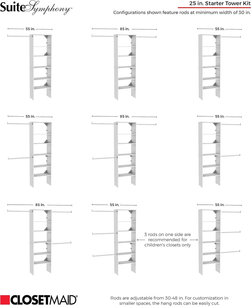 SuiteSymphony Wood Closet Organizer System, 25-Inch Starter Kit with Tower and 3 Hang Rods and Shelving, Adjustable