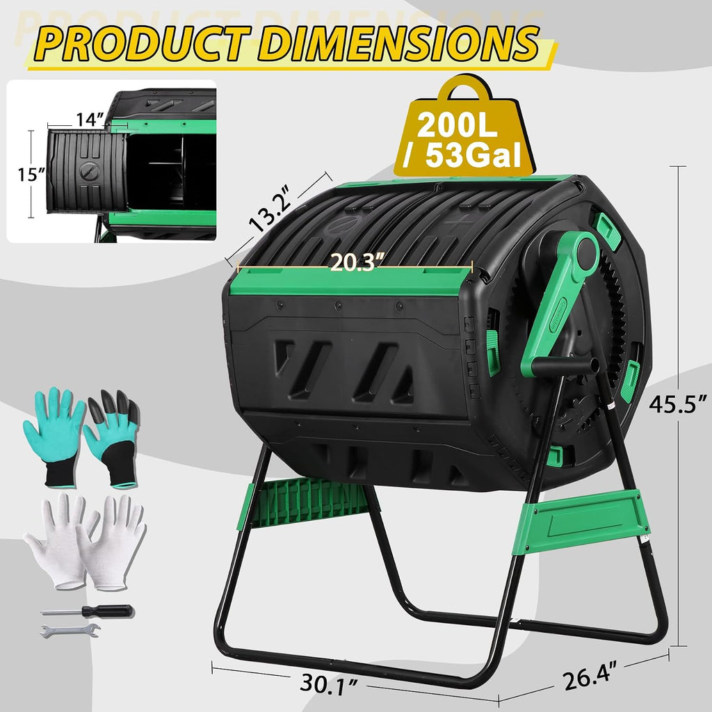 53-Gallon Dual Chamber Compost Tumbler, Outdoor Compost Bin with 360° Hand Crank & Adjustable Aeration, Includes