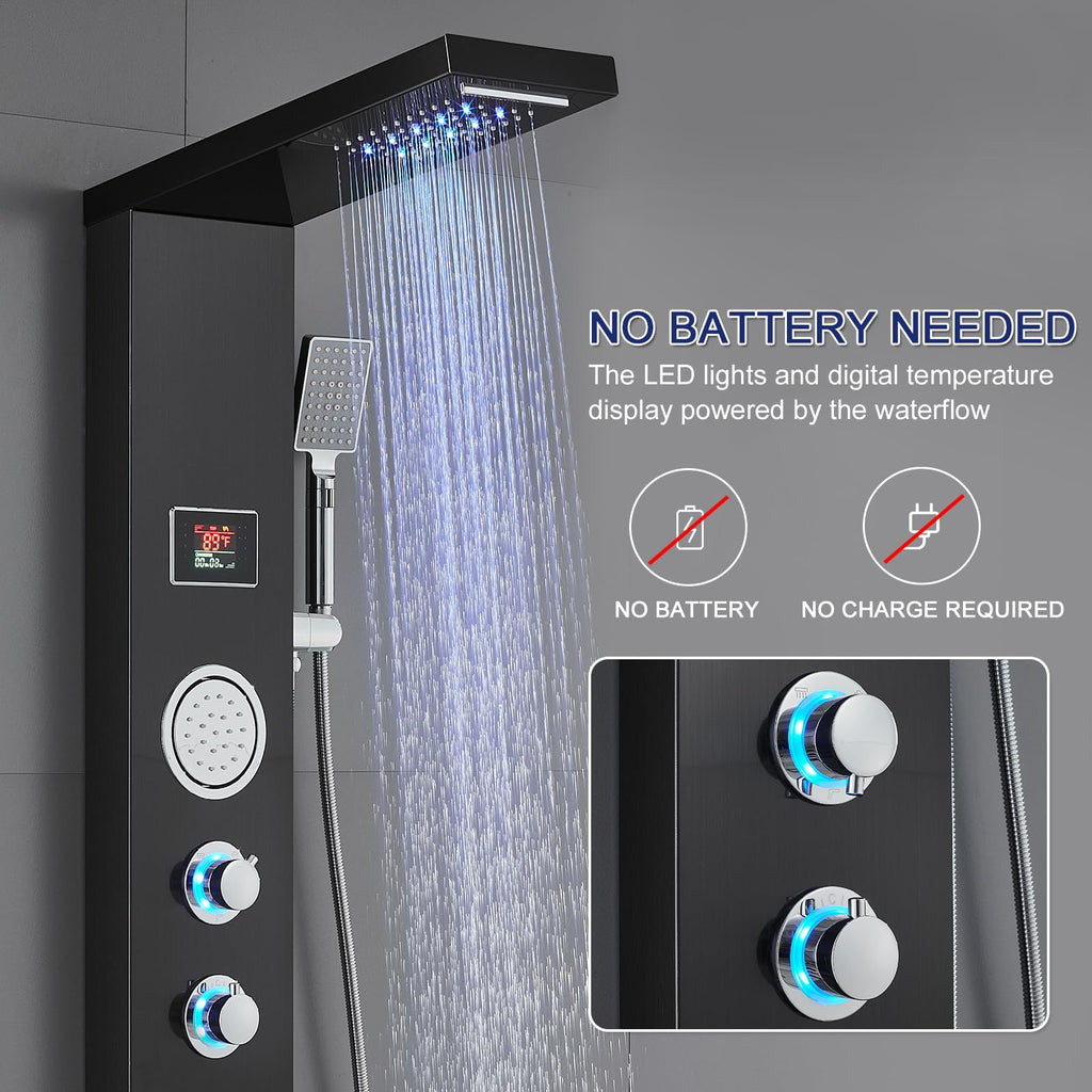 5-in-1 LED Rainfall Waterfall Shower Panel Tower System Black
