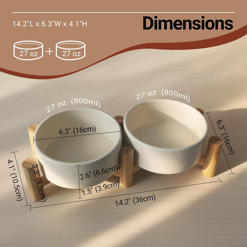 Elevated Dog Bowl & Cat Dish 27oz - Raised Ceramic Pet Food and Water Bowls with Bamboo Stand, Feeding Station