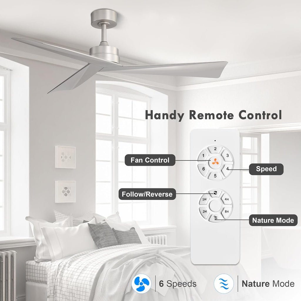 Inspired Adler Style 52" DC Ceiling Fan Without Light, 3 Sculpted ABS Blades, 6-Speed Remote - Brushed Nickel