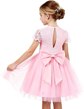 Flower Girl Dress Big Bow Kids Lace Tulle Princess Wedding Gown