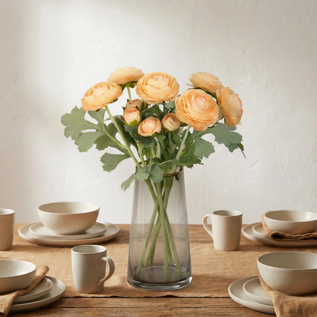 Artificial Ranunculus Flowers with Real Touch Stem, Silk Ranunculus Flowers (Champagne, 6pcs)