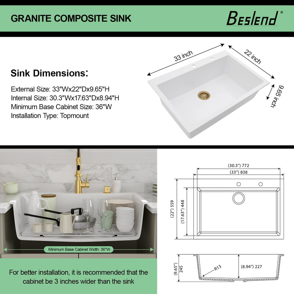 33 White Granite Composite Drop Sink