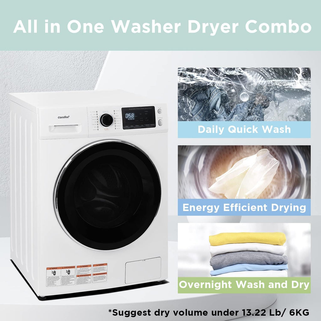 24" Washer and Dryer Combo 2.7 cu.ft 26lbs Washing Machine Steam Care, Overnight Dry, No Shaking Front Load