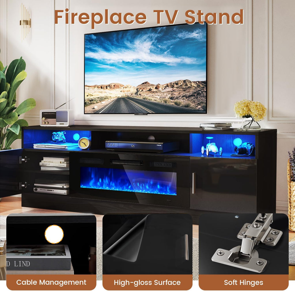70" Fireplace TV Stand with Power Outlet for TVs UP to 80", Electric Fireplace Entertainment Center with LED Lights &