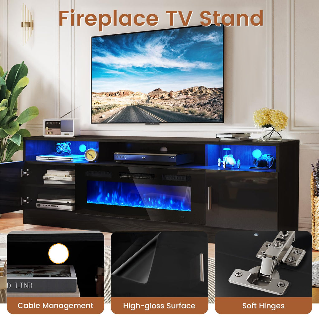 70" for TVs up to 80", Modern Entertainment Center with 36" Electric Fireplace, Built-in Power Outlet, 12-Color LED