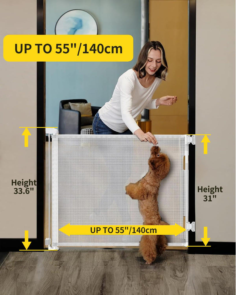 Retractable Baby Gate, Mesh Baby Gate or Mesh Dog Gate, 33" Tall, Extends up to 55" Wide, Child Safety Gate for Doorways