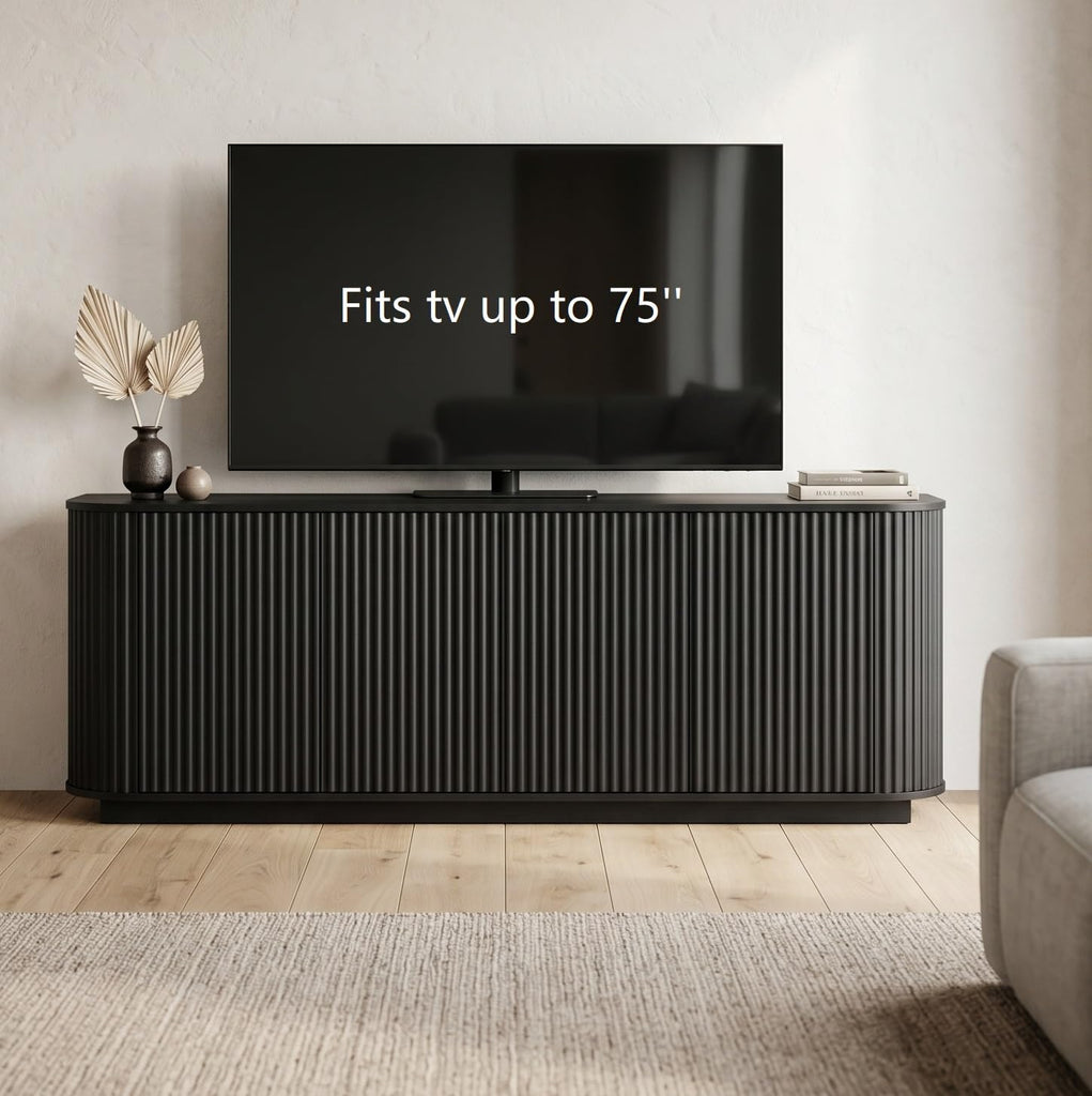 Fluted TV Stand for TVs Up to 75 Inch, Black Mid Century Modern TV Console, Entertainment Center with Storage, Wood