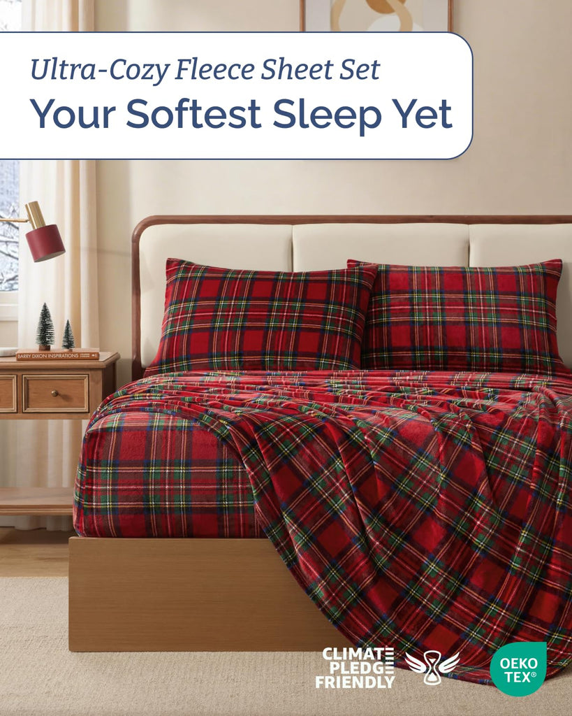 Fleece Sheets Twin Size Set - 3-Piece Velvet Flannel Sheet Set - Tartan