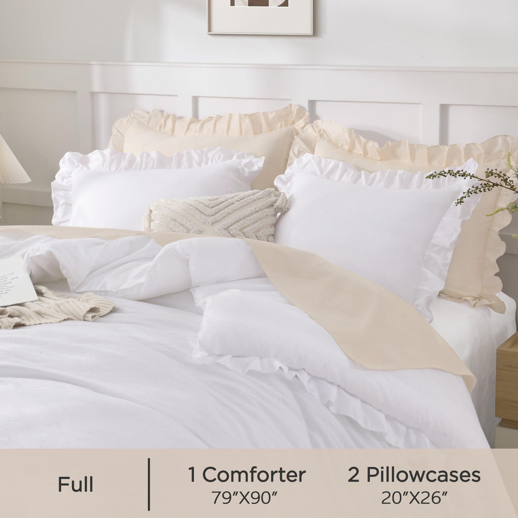 Comforter Set White, 3 Pieces Ruffle Farmhouse Bed Set