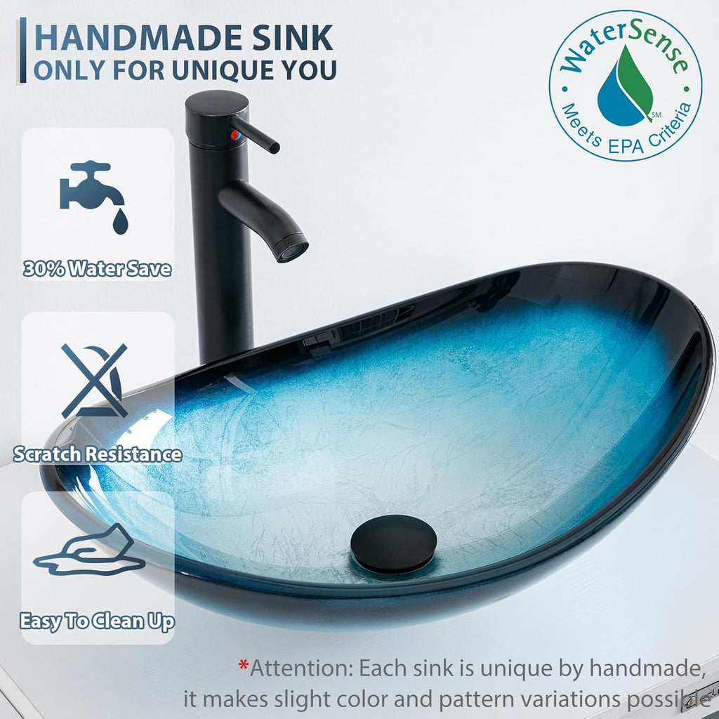 24" Modern Bathroom Vanity with Blue Glass Vessel Sink - Freestanding Cabinet with Soft-Close Door