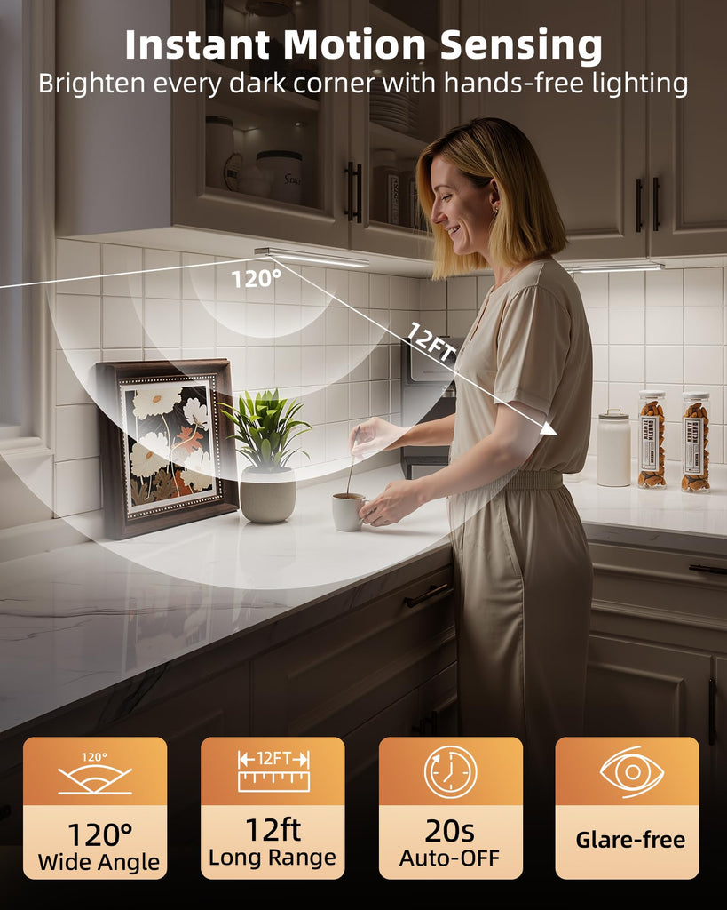 14.5inch Under Cabinet Lighting, 2 Pack 3500mAh Rechargeable Wireless Motion Sensor Lights Indoor, Dimmable Magnetic