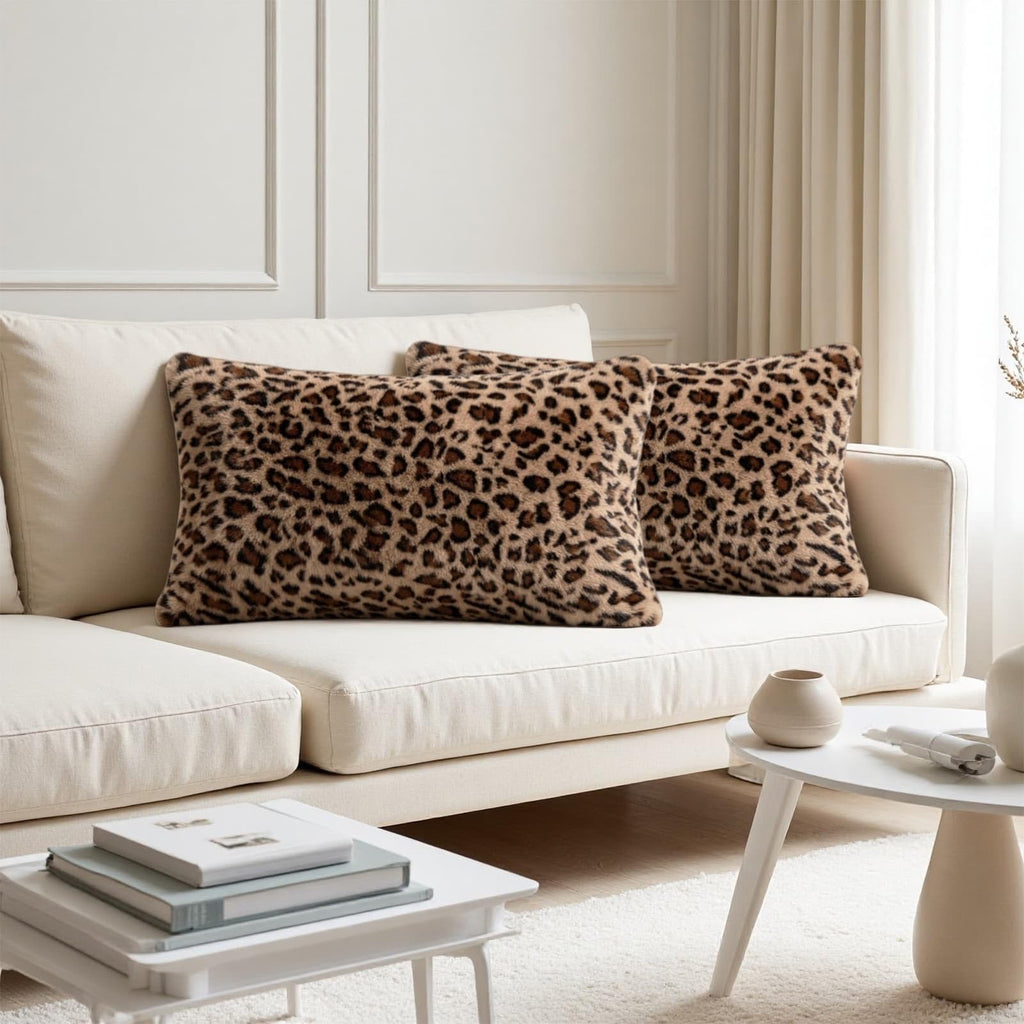 Cheetah Lumbar Pillow Covers 12x20 Inch Set of 2, Soft Faux Fur Double-Sided Rectangular Leopard Pillow Cases for
