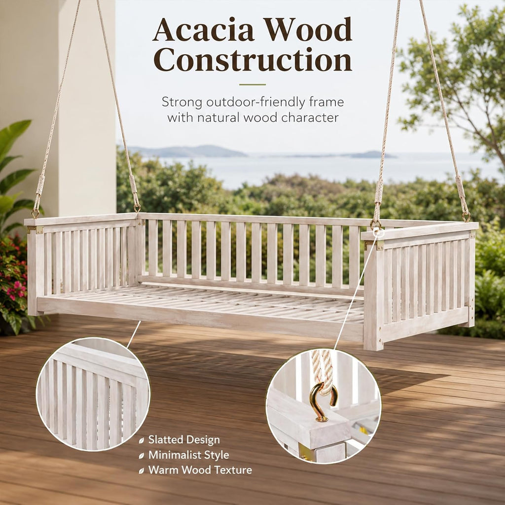 Outdoor Porch Swing Bed, Twin Size Acacia Wood Hanging Daybed with Hemp Ropes, Minimalist Patio Swing Bed for Garden