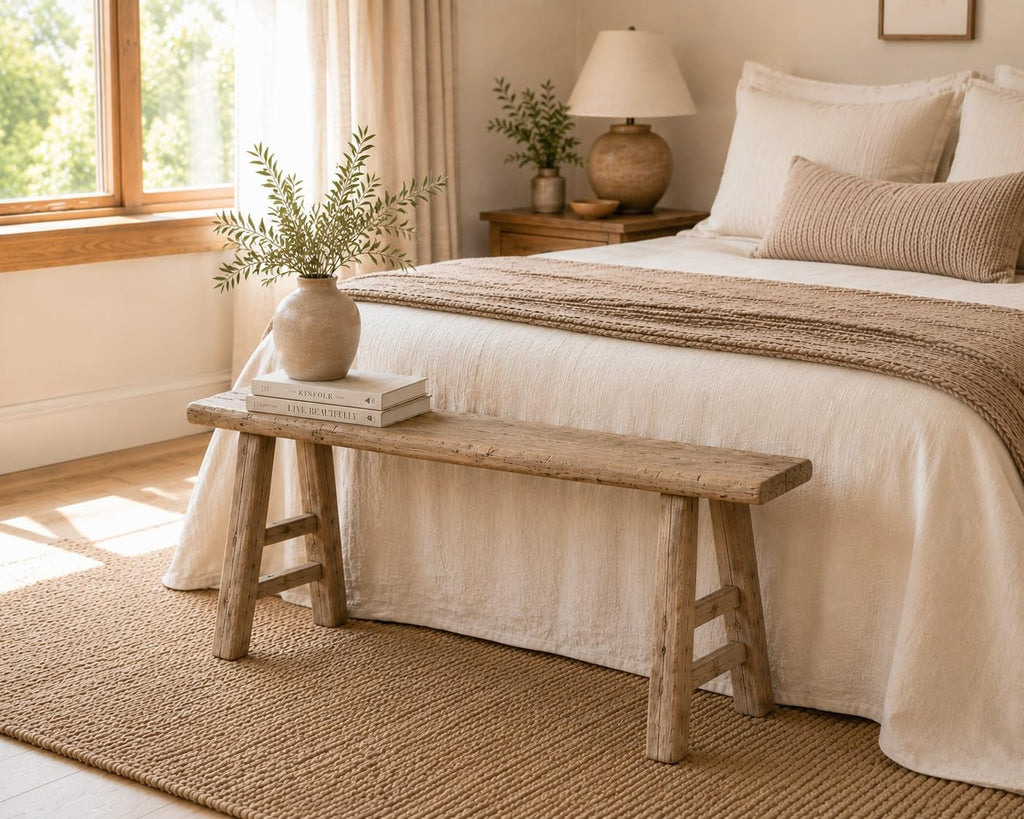 Handmade Wooden Entryway Bench, Vintage Noodle Bench, or Entryway, End of Bed Bench, Weathered Natural Wood Bench
